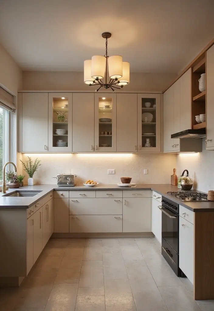 25 Beige Kitchen Cabinets That Feel Chic and Calm 13 25 Beige Kitchen Cabinets That Feel Chic and Calm - 13. Statement Lighting