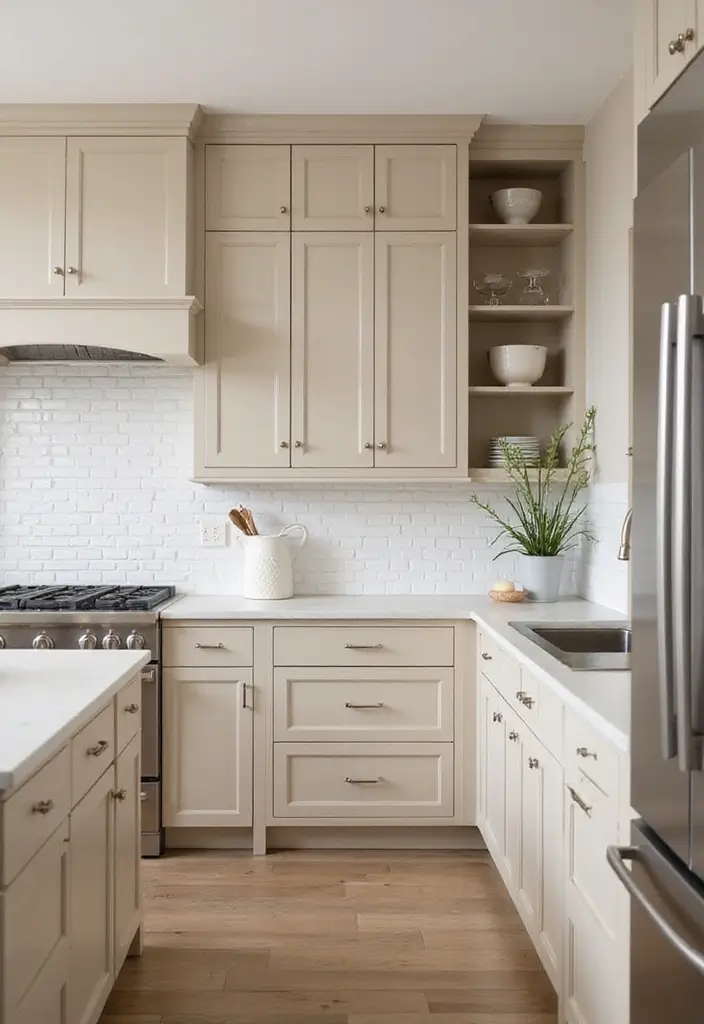 25 Beige Kitchen Cabinets That Feel Chic and Calm 21 25 Beige Kitchen Cabinets That Feel Chic and Calm - 21. Timeless Subway Tile Backsplash
