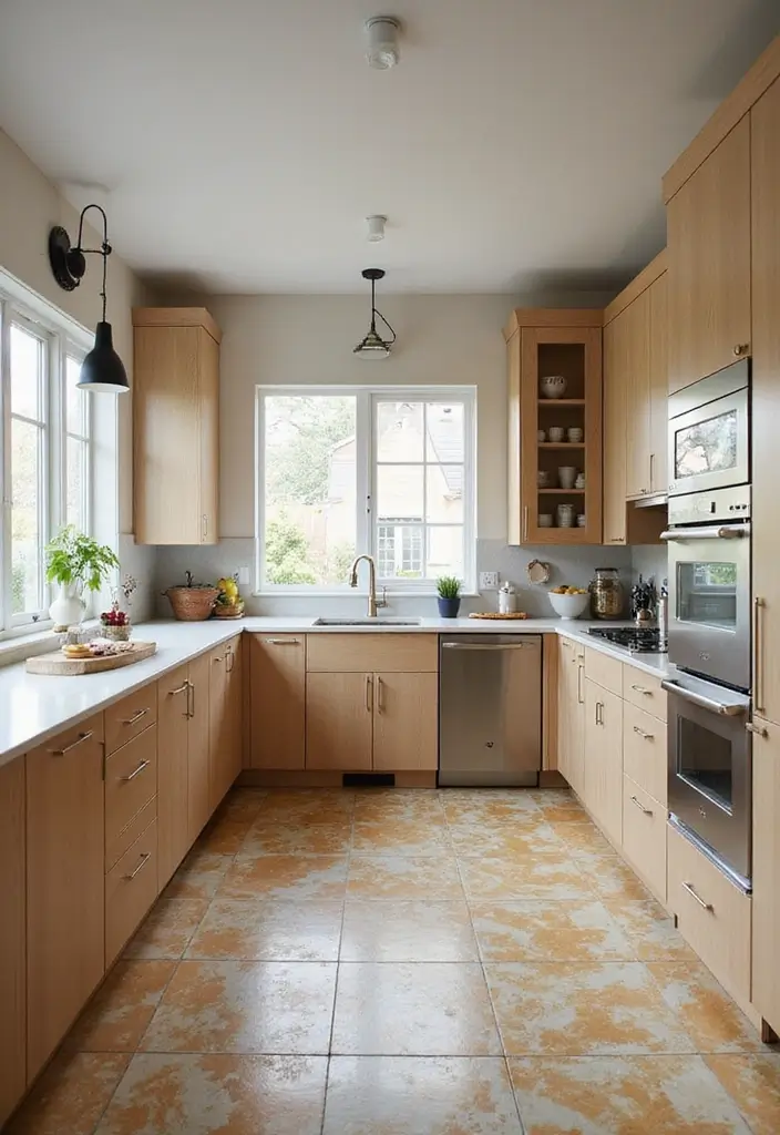 25 Beige Kitchen Cabinets That Feel Chic and Calm 22 25 Beige Kitchen Cabinets That Feel Chic and Calm - 22. Bold Flooring Choices