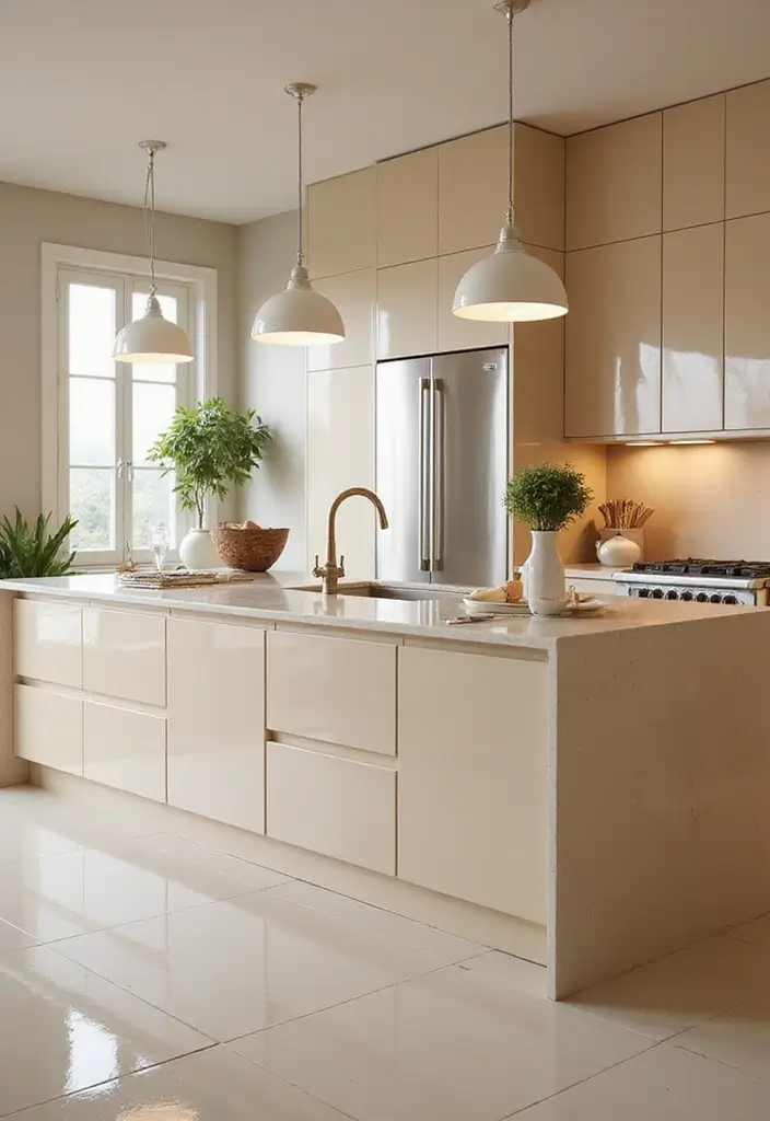 25 Beige Kitchen Cabinets That Feel Chic and Calm 4 25 Beige Kitchen Cabinets That Feel Chic and Calm - 4. Glossy Finish Glam