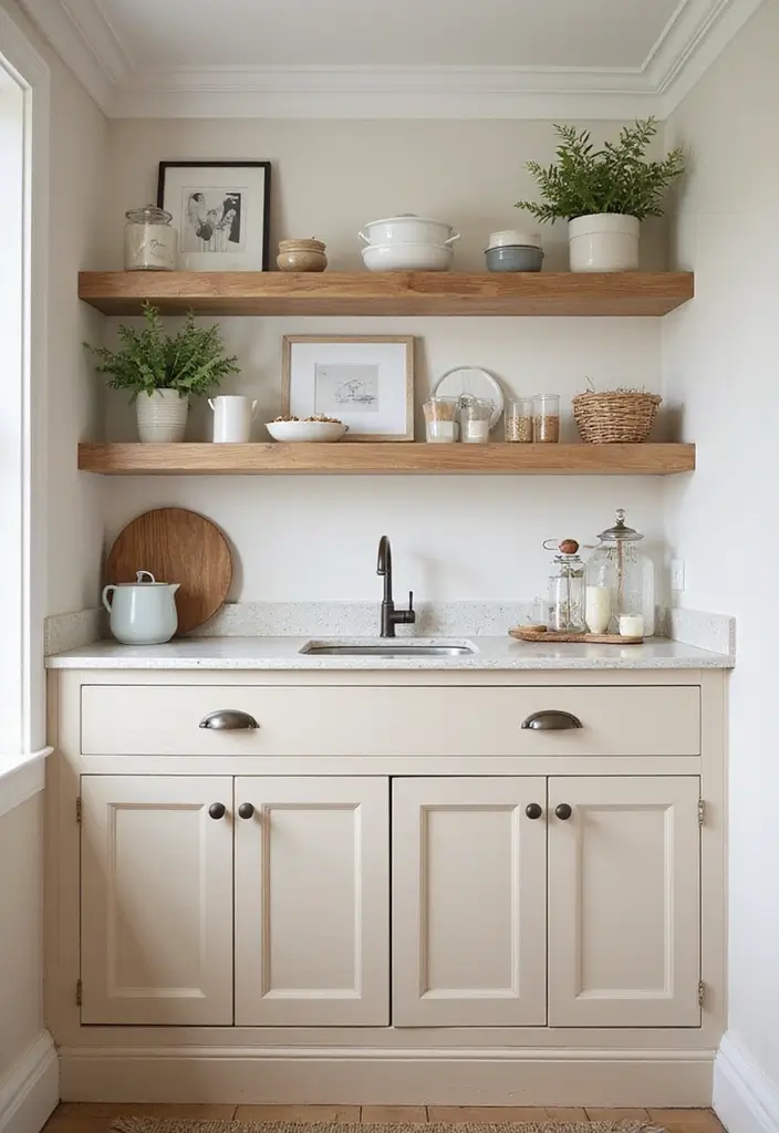 25 Beige Kitchen Cabinets That Feel Chic and Calm 6 25 Beige Kitchen Cabinets That Feel Chic and Calm - 6. Open Shelving Delight