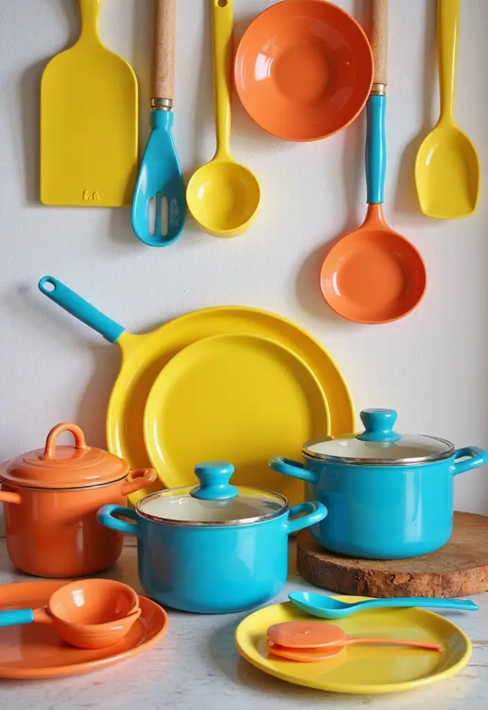 26 Boho Kitchen Ideas That Look Fun and Free 14 26 Boho Kitchen Ideas That Look Fun and Free - 14. Bright Utensils and Cookware