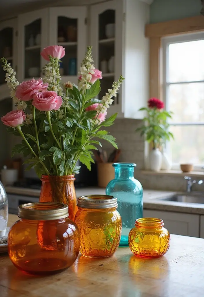 26 Boho Kitchen Ideas That Look Fun and Free 20 26 Boho Kitchen Ideas That Look Fun and Free - 20. Colorful Glass Accents