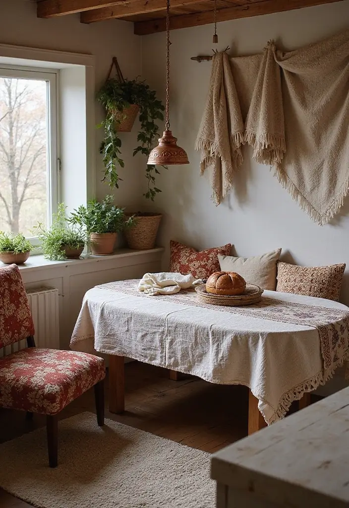 26 Boho Kitchen Ideas That Look Fun and Free 6 26 Boho Kitchen Ideas That Look Fun and Free - 6. Textured Fabrics for Warmth