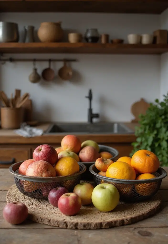 26 Fruit Basket Kitchen Ideas That Look Cute and Fresh 11 26 Fruit Basket Kitchen Ideas That Look Cute and Fresh - 11. Rustic Metal Baskets