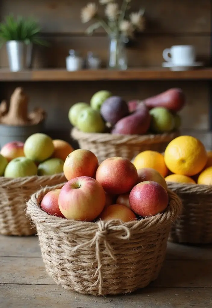 26 Fruit Basket Kitchen Ideas That Look Cute and Fresh 22 26 Fruit Basket Kitchen Ideas That Look Cute and Fresh - 22. DIY Fruit Baskets with Twine
