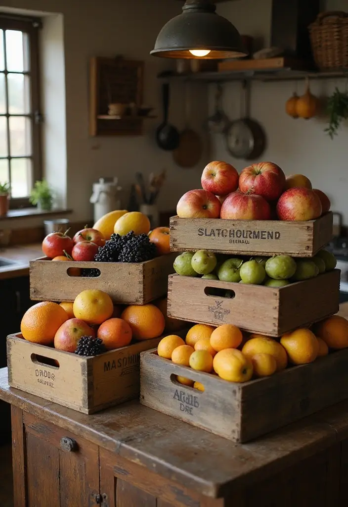 26 Fruit Basket Kitchen Ideas That Look Cute and Fresh 3 26 Fruit Basket Kitchen Ideas That Look Cute and Fresh - 3. Vintage Wooden Crate Display