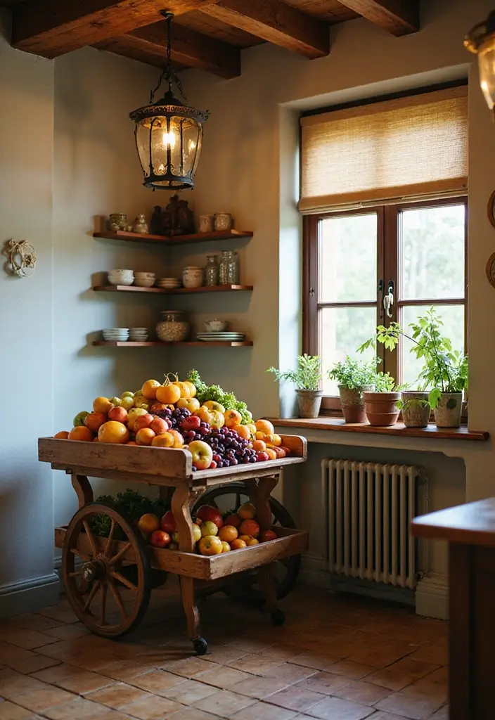 26 Fruit Basket Kitchen Ideas That Look Cute and Fresh 7 26 Fruit Basket Kitchen Ideas That Look Cute and Fresh - 7. Farmhouse Style Fruit Cart