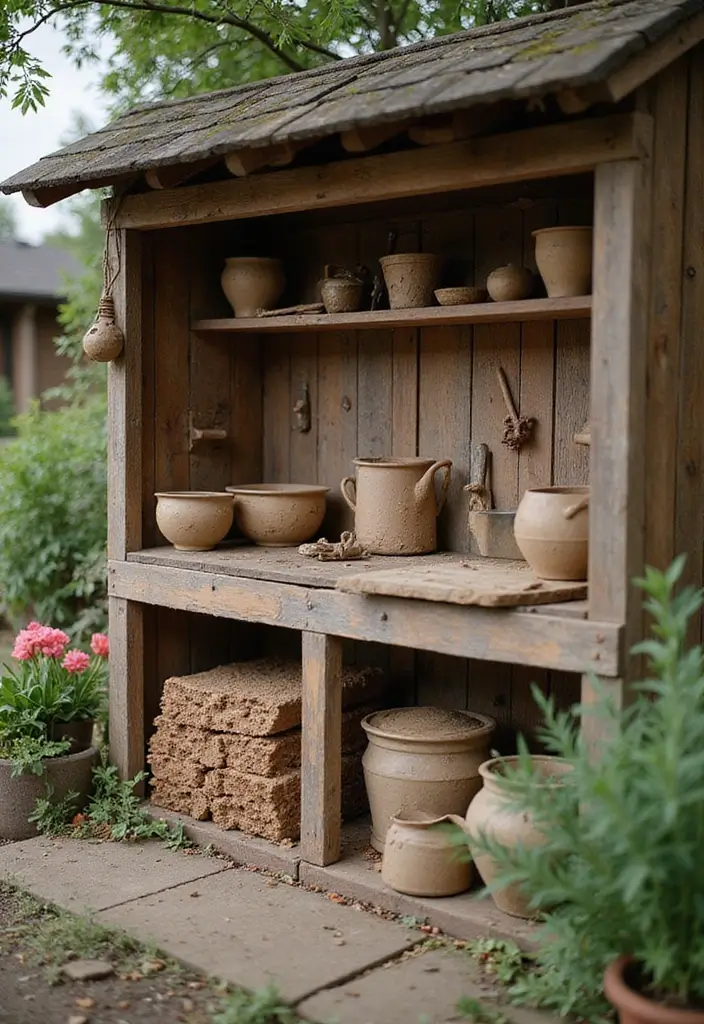 26 Mud Kitchen Ideas That Kids Will Absolutely Love - 1. Rustic Wooden Mud Kitchen