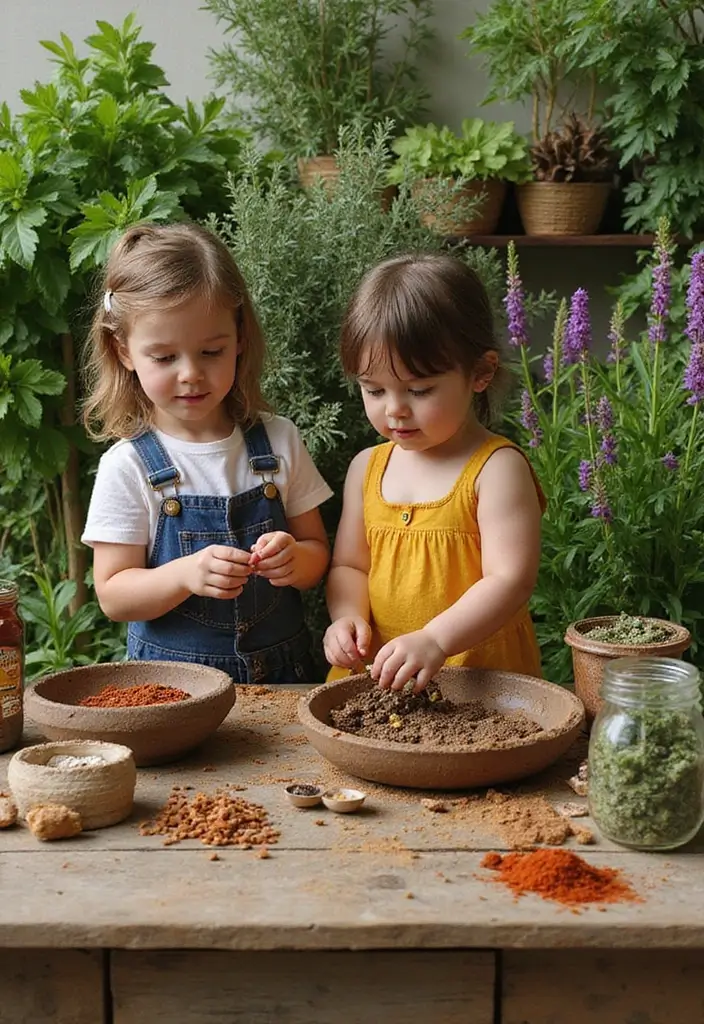 26 Mud Kitchen Ideas That Kids Will Absolutely Love - 11. Herbal and Spice Mud Kitchen