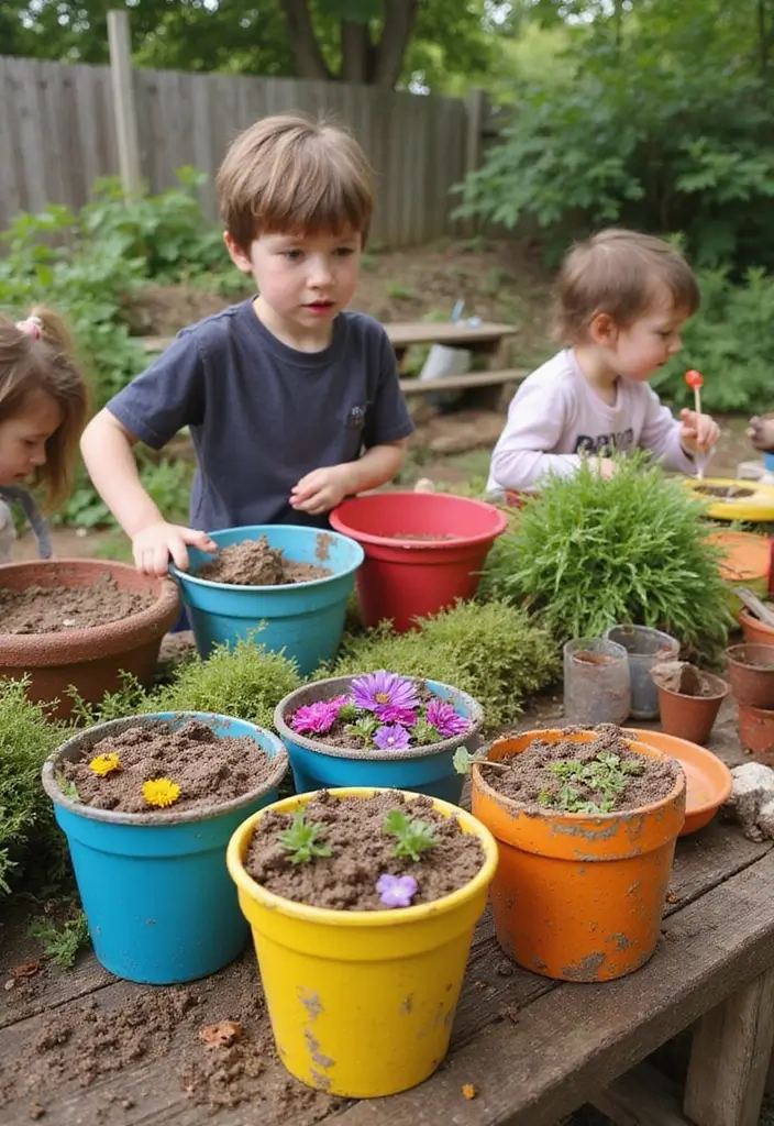 26 Mud Kitchen Ideas That Kids Will Absolutely Love - 15. Colorful Flower Pot Mud Kitchen
