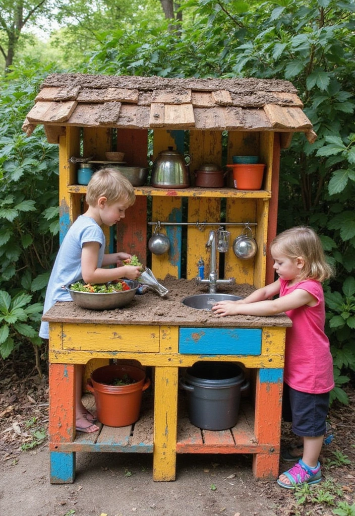26 Mud Kitchen Ideas That Kids Will Absolutely Love - 2. Recycled Pallet Kitchen