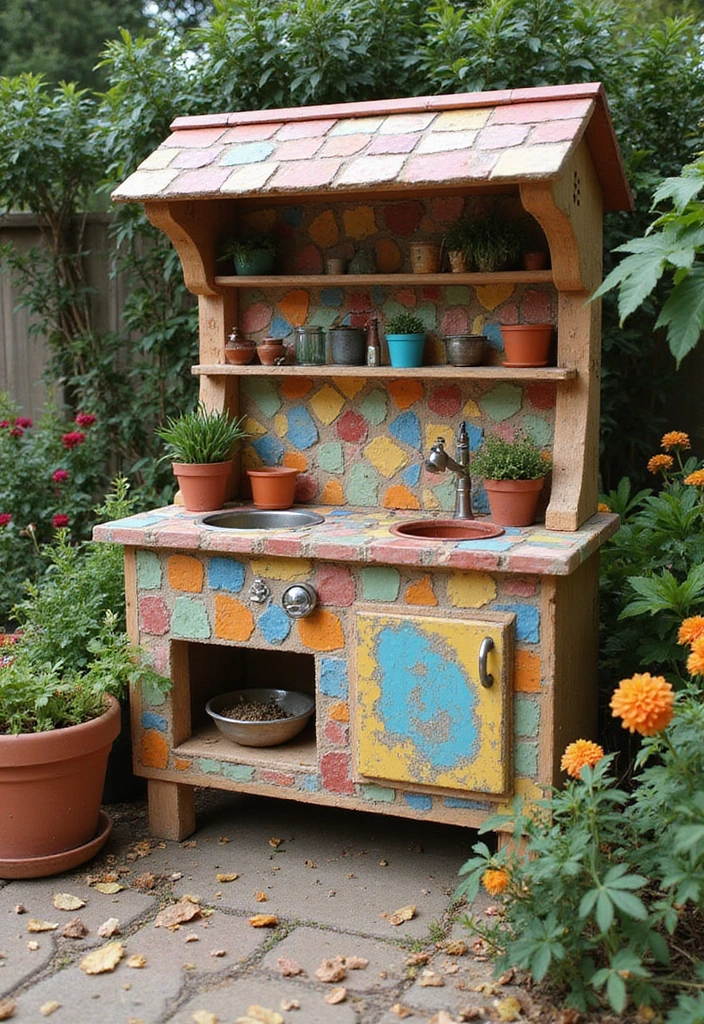 26 Mud Kitchen Ideas That Kids Will Absolutely Love - 21. Colorful Tile Mud Kitchen
