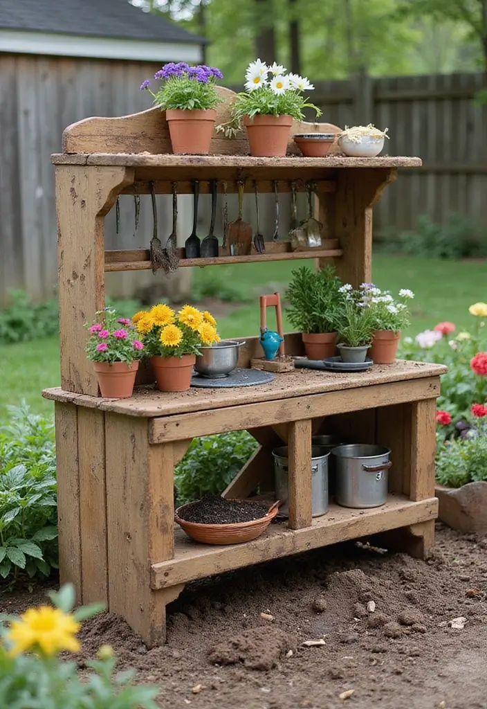 26 Mud Kitchen Ideas That Kids Will Absolutely Love - 4. Garden-Themed Mud Kitchen