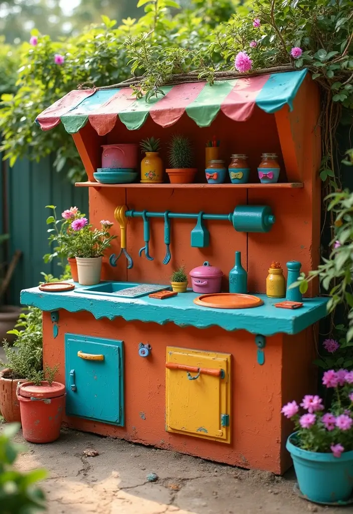 26 Mud Kitchen Ideas That Kids Will Absolutely Love - 5. Colorful Mud Kitchen Station
