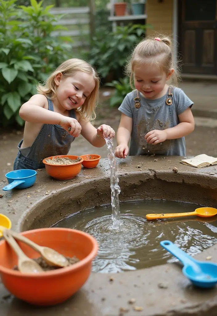 26 Mud Kitchen Ideas That Kids Will Absolutely Love - 9. Playful Water Feature Mud Kitchen