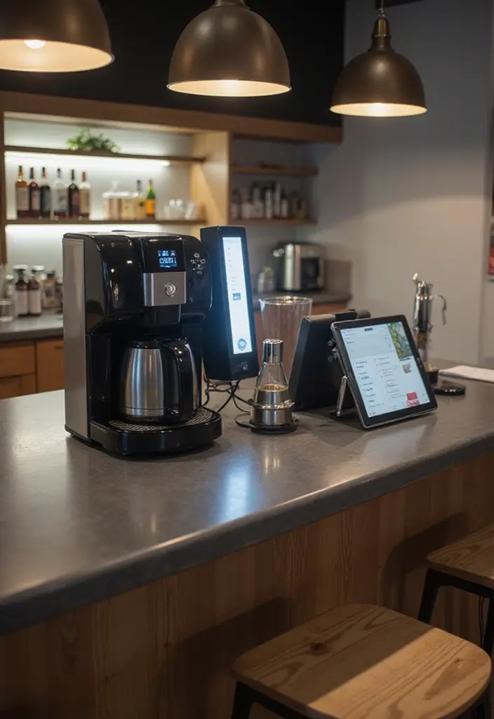 27 Coffee Bar Ideas Kitchen Counters Can’t Live Without 27 27 Coffee Bar Ideas Kitchen Counters Can’t Live Without - 27. Tech-Savvy Coffee Bar