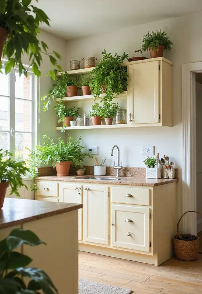 27 Cream Kitchen Ideas You’ll Want to Copy Right Away 21 27 Cream Kitchen Ideas You’ll Want to Copy Right Away - 21. Cream with Greenery