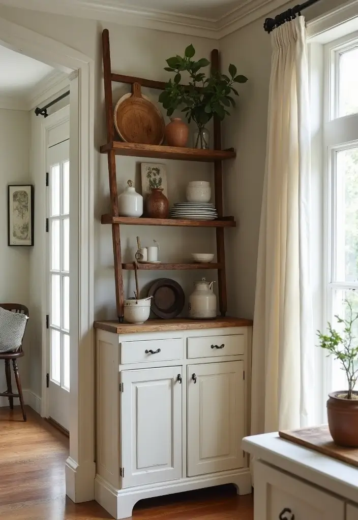 27 Kitchen Corner Cabinet Ideas to Solve Your Storage Problems 19 27 Kitchen Corner Cabinet Ideas to Solve Your Storage Problems - 19. Rustic Ladder Shelves