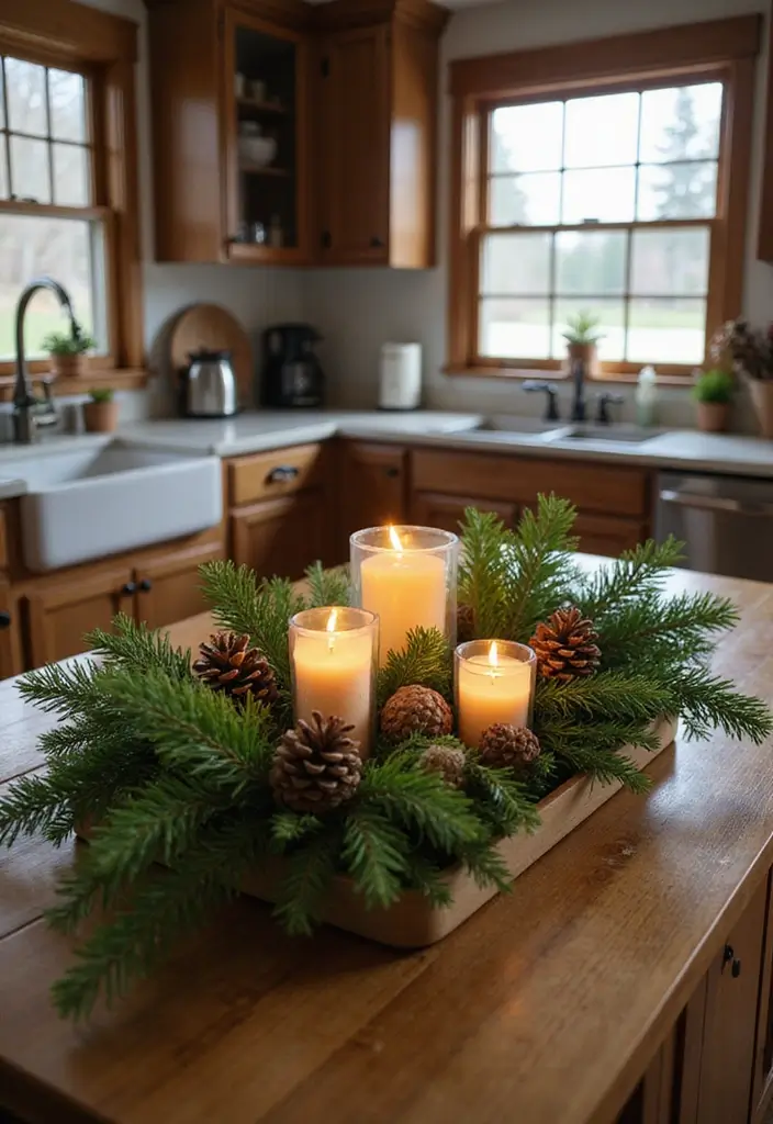 27 Kitchen Island Christmas Decor Ideas That Look Magical 1 27 Kitchen Island Christmas Decor Ideas That Look Magical - 1. Evergreen Elegance
