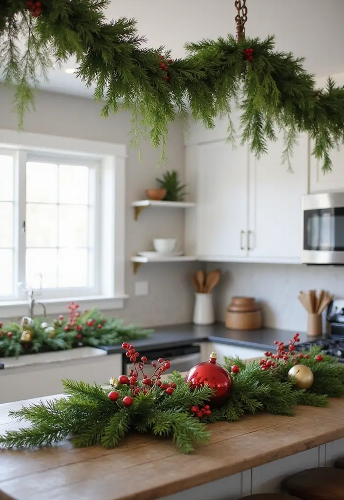 27 Kitchen Island Christmas Decor Ideas That Look Magical 20 27 Kitchen Island Christmas Decor Ideas That Look Magical - 20. Greenery and Garlands
