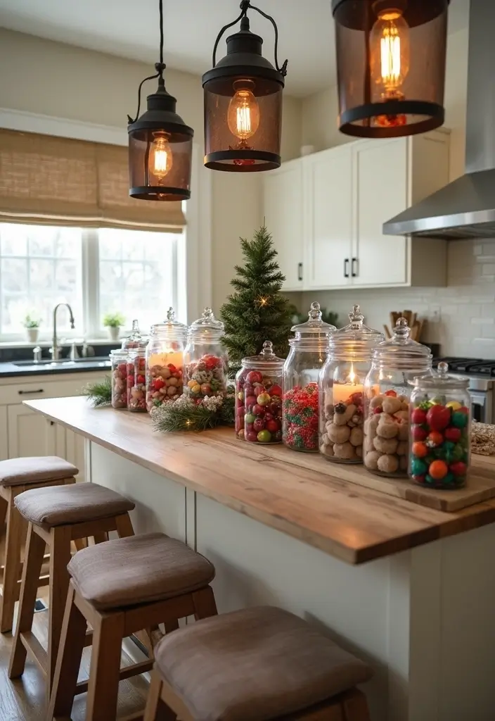 27 Kitchen Island Christmas Decor Ideas That Look Magical 22 27 Kitchen Island Christmas Decor Ideas That Look Magical - 22. Creative Use of Jars