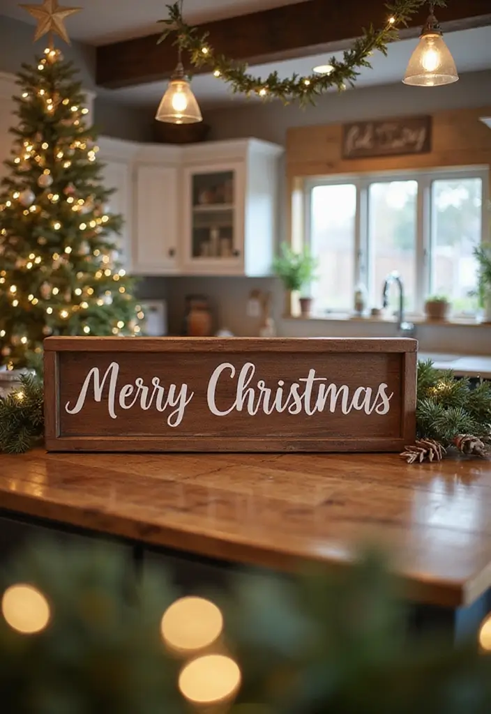 27 Kitchen Island Christmas Decor Ideas That Look Magical 5 27 Kitchen Island Christmas Decor Ideas That Look Magical - 5. Rustic Wooden Signs