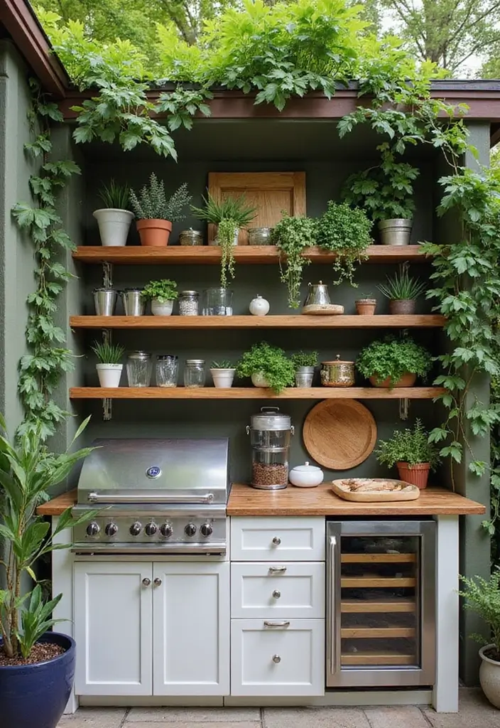 27 Small Outdoor Kitchen Ideas That Work Even in Tiny Yards 12 27 Small Outdoor Kitchen Ideas That Work Even in Tiny Yards - 12. Hanging Shelves