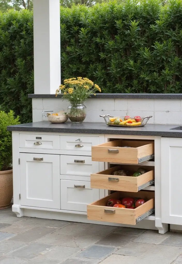 27 Small Outdoor Kitchen Ideas That Work Even in Tiny Yards 7 27 Small Outdoor Kitchen Ideas That Work Even in Tiny Yards - 7. Roll-Out Kitchen Drawers