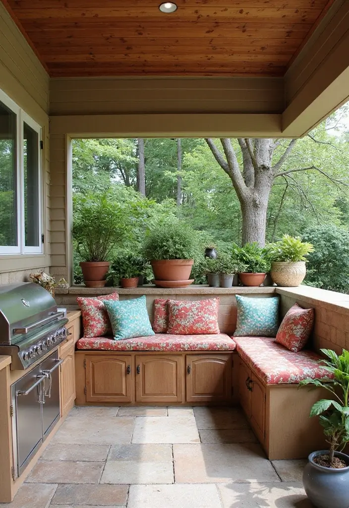 27 Small Outdoor Kitchen Ideas That Work Even in Tiny Yards 9 27 Small Outdoor Kitchen Ideas That Work Even in Tiny Yards - 9. Built-In Bench Seating