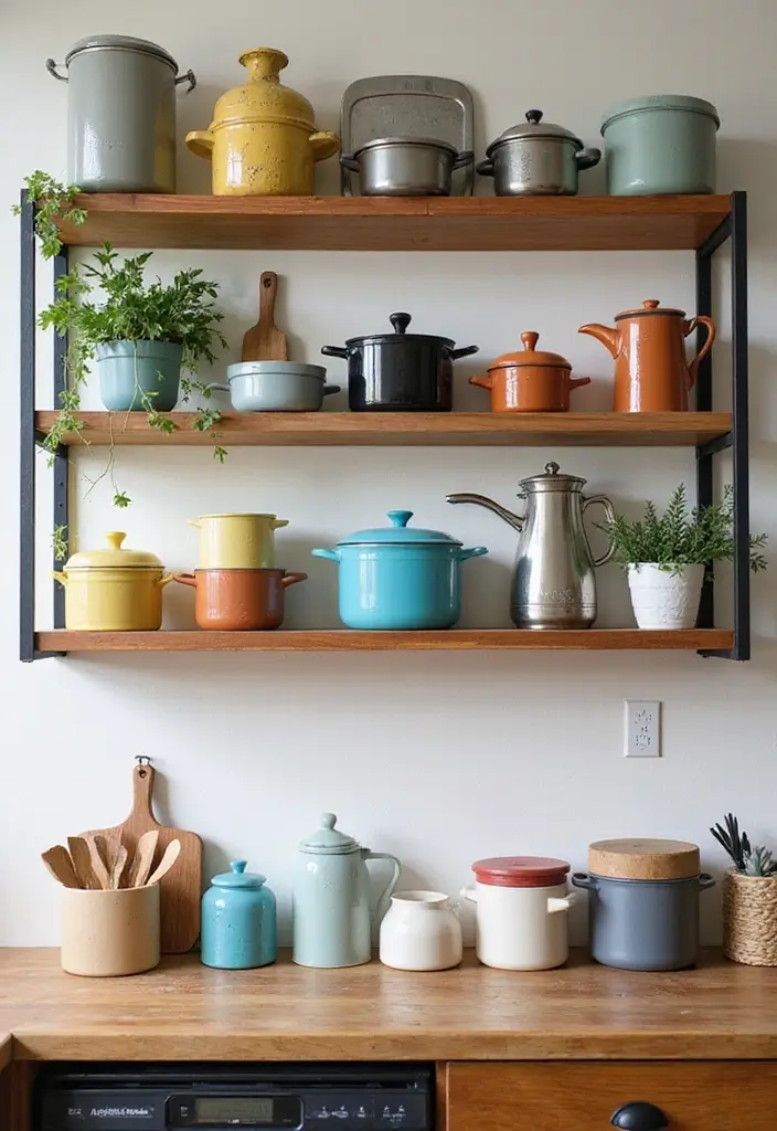 29 Brown Kitchen Ideas That Feel Warm and Cozy - 13. Cozy Cookware Displays