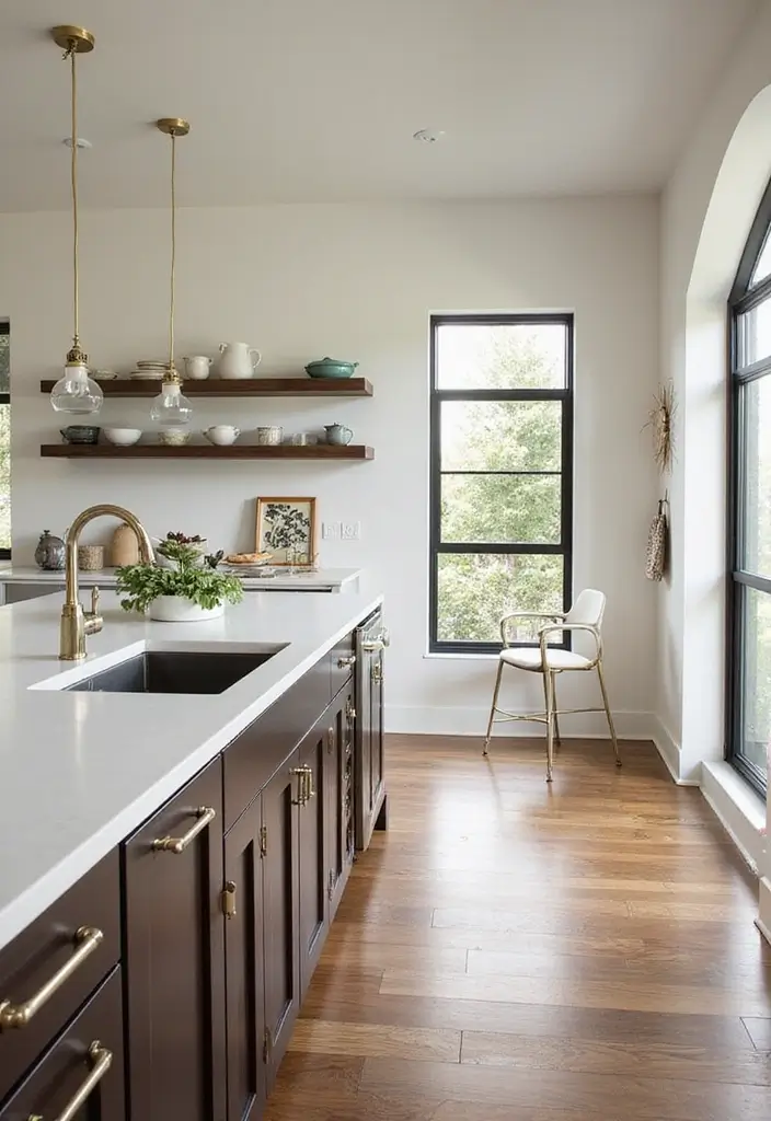 29 Kitchen Peninsula Ideas That Add Space and Style - 13. Floating Shelves Above