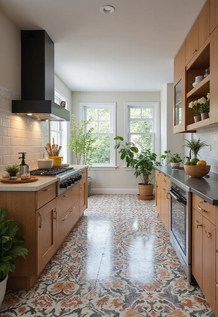 29 Open Concept Kitchen Ideas That Make Homes Airy - 16. Statement Flooring