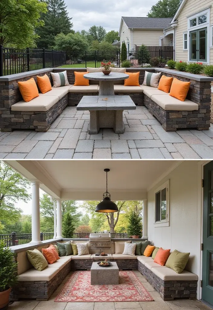 29 Simple Outdoor Kitchen Designs That Make Cooking Fun 18 29 Simple Outdoor Kitchen Designs That Make Cooking Fun - 18. Custom Built-In Bench Seating