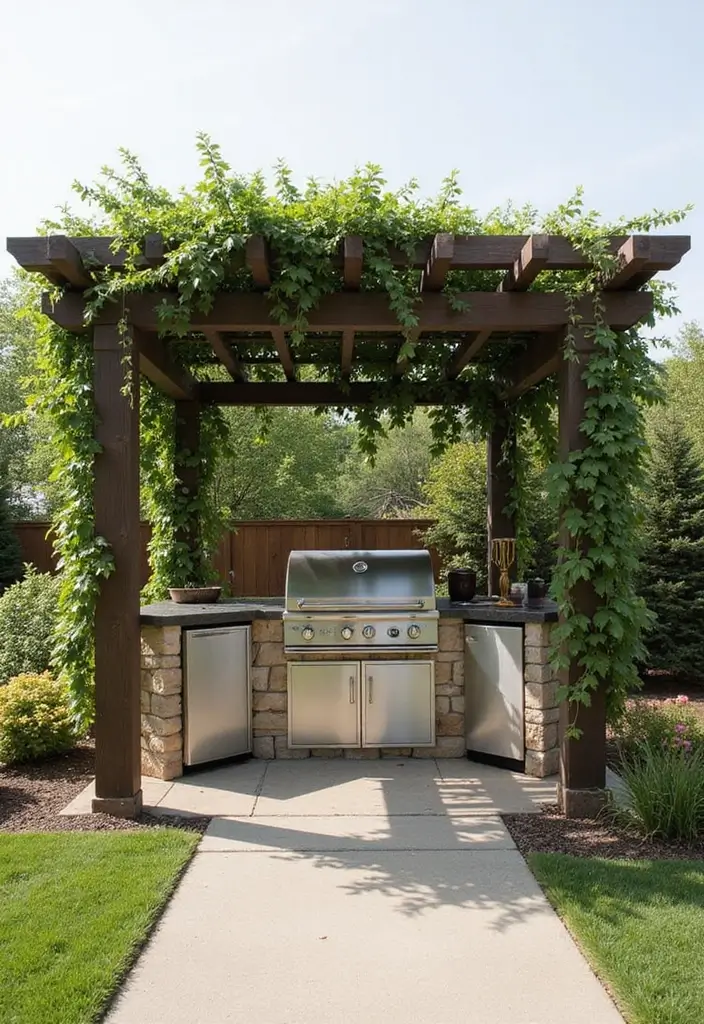29 Simple Outdoor Kitchen Designs That Make Cooking Fun 23 29 Simple Outdoor Kitchen Designs That Make Cooking Fun - 23. Simple Pergola-Shaded Kitchen