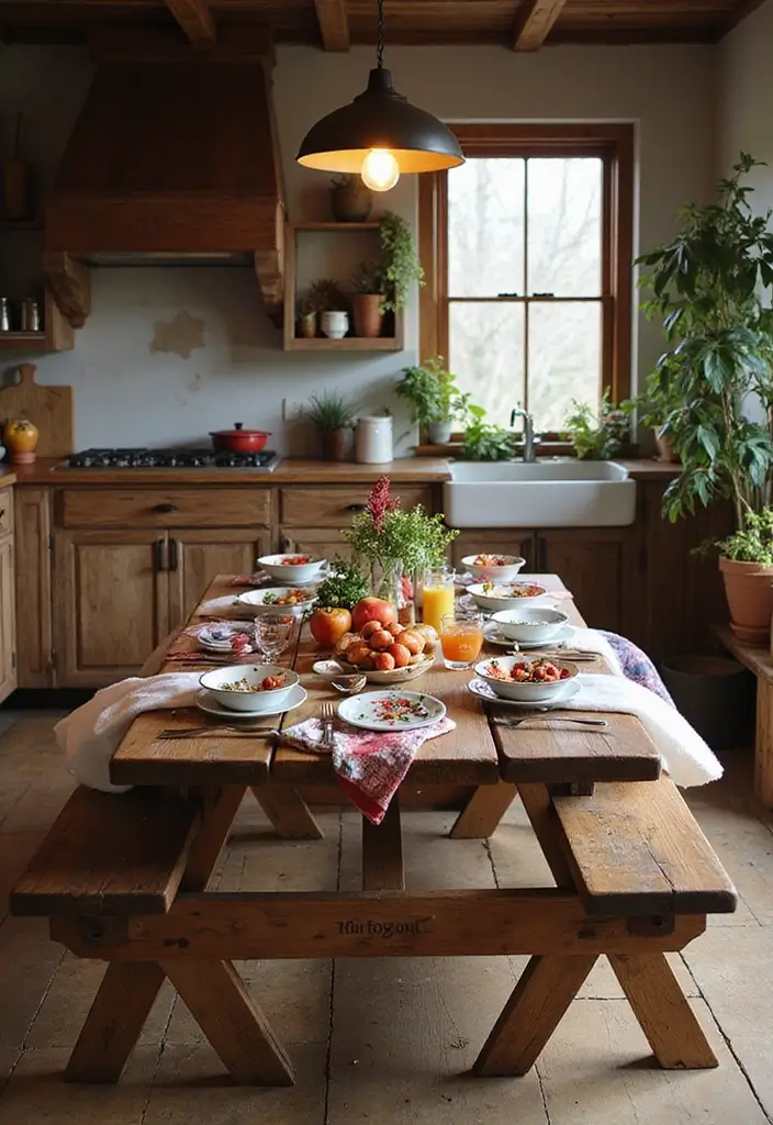 29 Small Kitchen Table Ideas That Save Space Beautifully - 22. Rustic Picnic Tables for Informal Dining