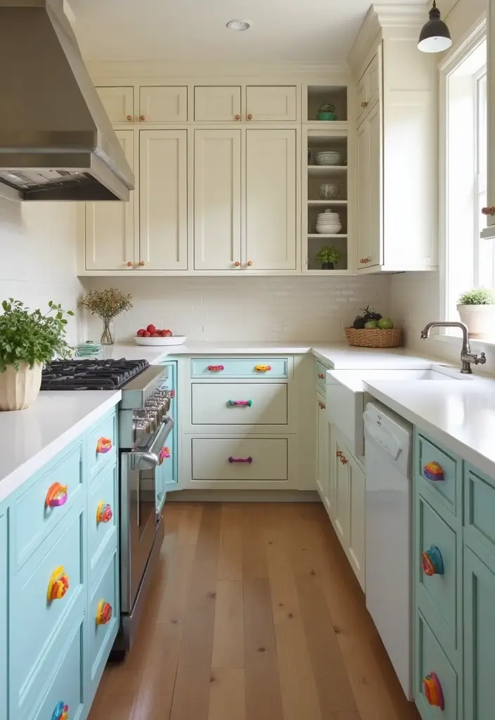 30 Galley Kitchen Ideas That Make Small Spaces Shine 19 30 Galley Kitchen Ideas That Make Small Spaces Shine - 19. Colorful Cabinet Hardware