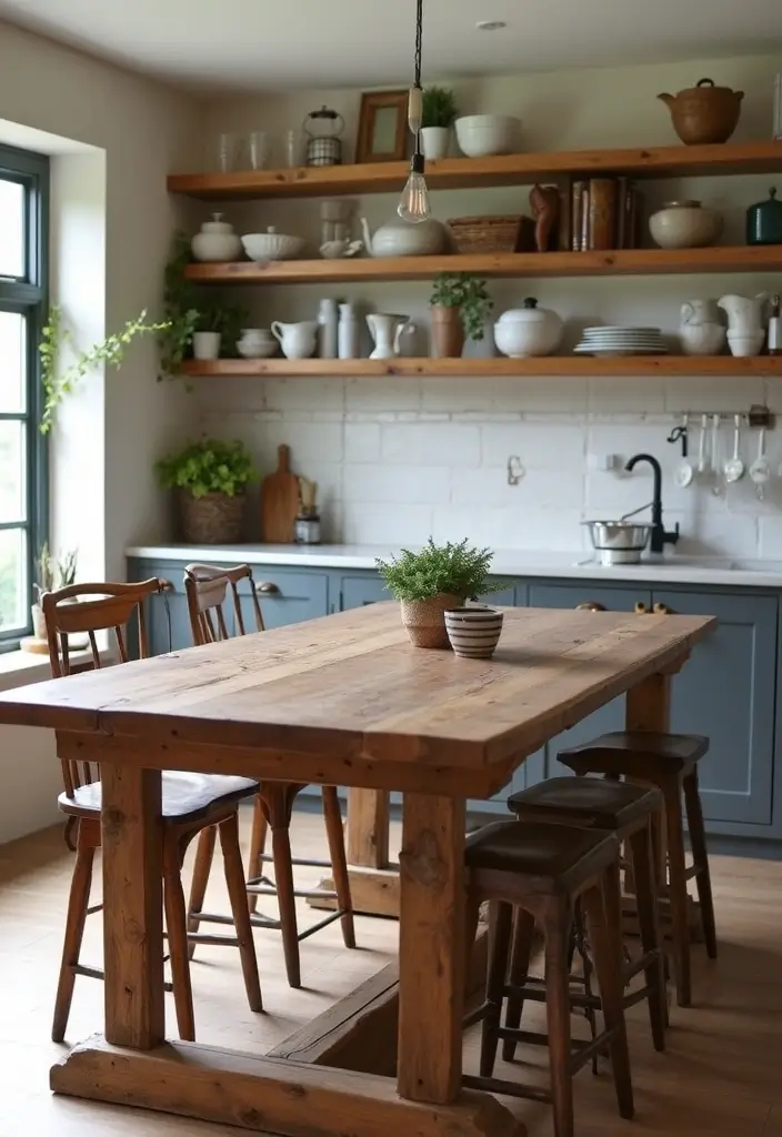 30 Kitchen Table Ideas That Fit Every Home Style 23 30 Kitchen Table Ideas That Fit Every Home Style - 23. Rustic Farm Table with Open Shelving