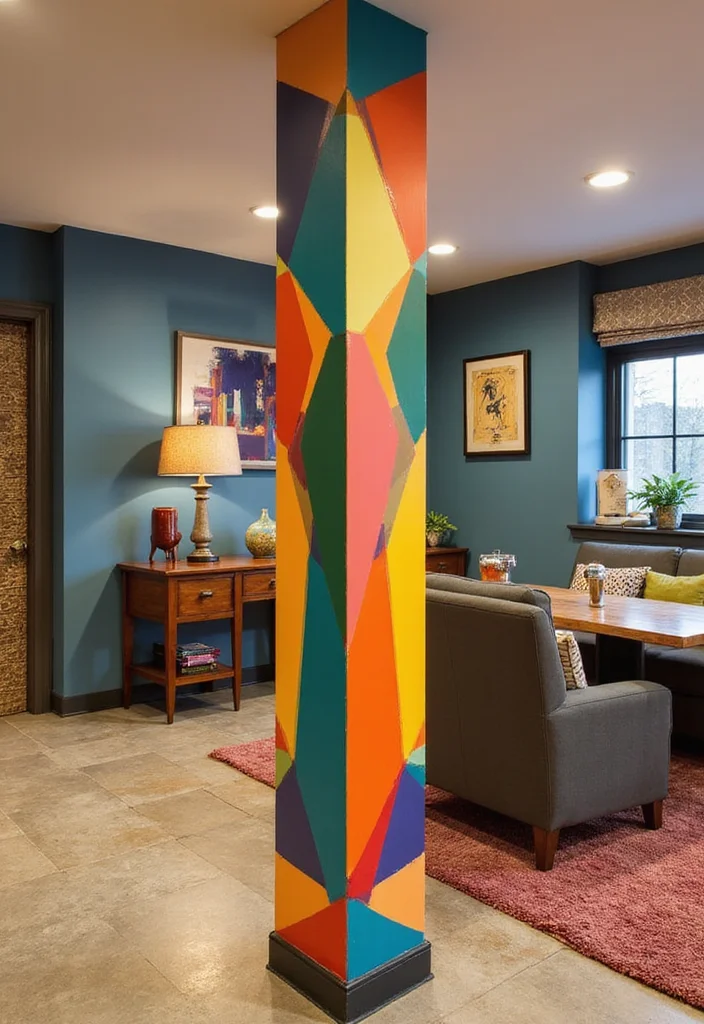 10 Basement Pole Wrap Ideas for Clean Finished Look - 2. Bold Paint Colors