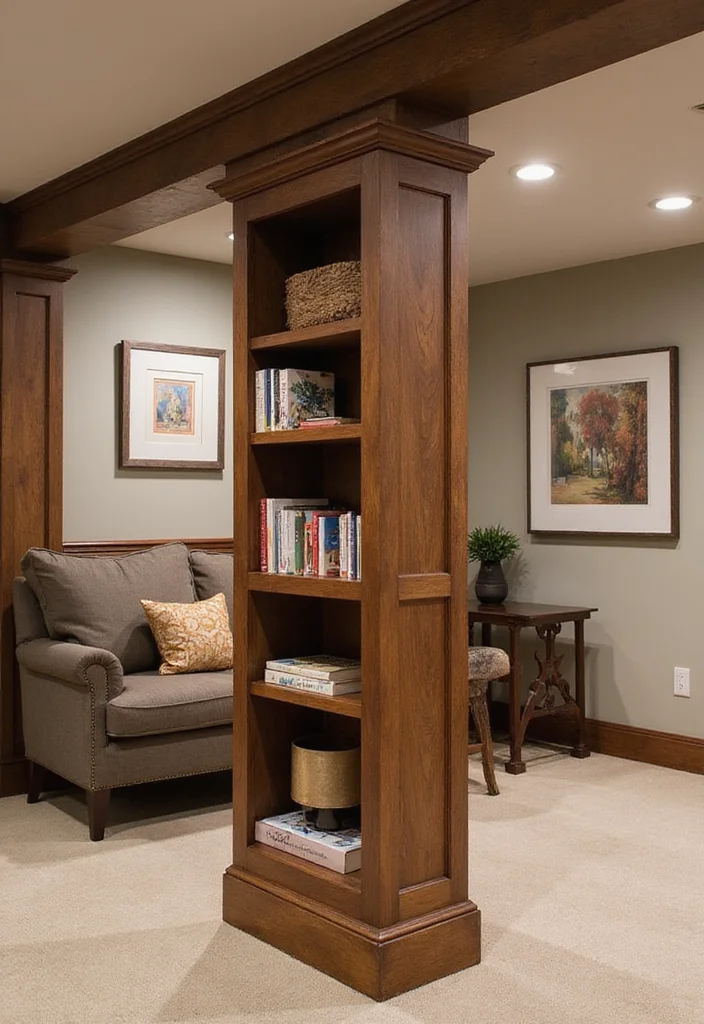 10 Basement Pole Wrap Ideas for Clean Finished Look - 5. Built-In Shelving
