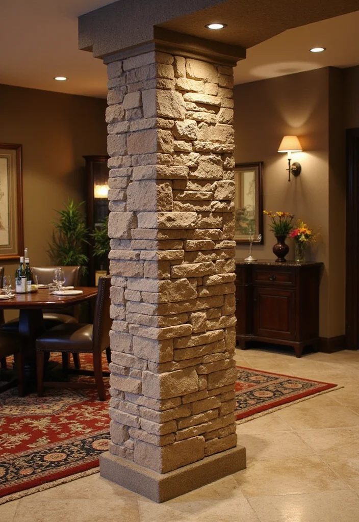 10 Basement Pole Wrap Ideas for Clean Finished Look - 6. Faux Stone Wraps