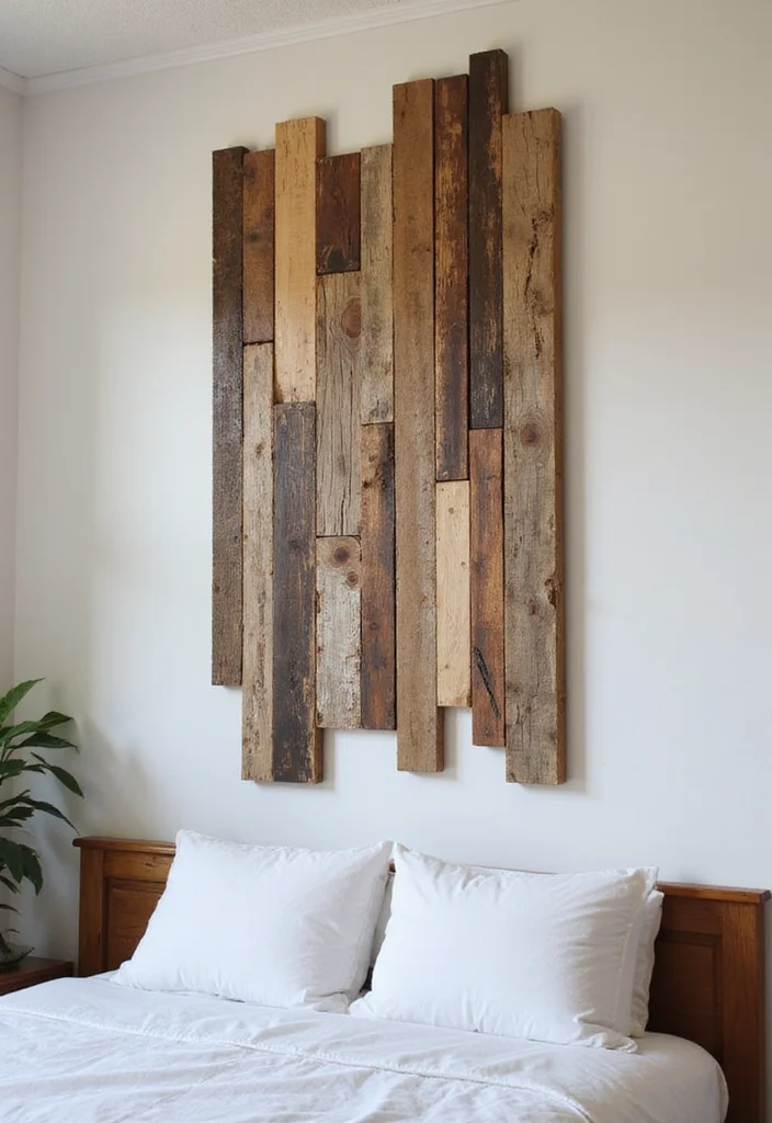 10 Bed Side Wall Decor Ideas for Calm Personalized Touches - 1. Reclaimed Wood Art
