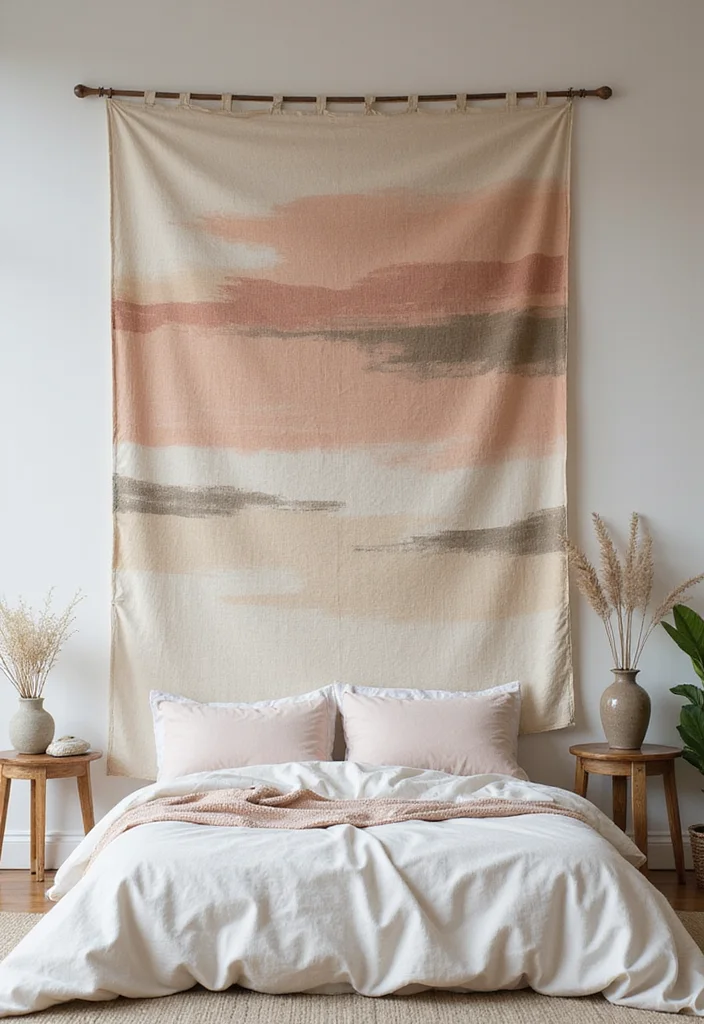 10 Bed Side Wall Decor Ideas for Calm Personalized Touches - 4. Fabric Wall Hangings