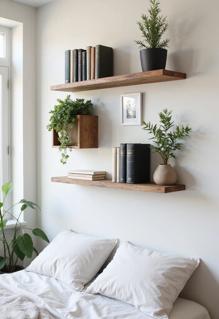 10 Bed Side Wall Decor Ideas for Calm Personalized Touches - 9. Decorative Shelves