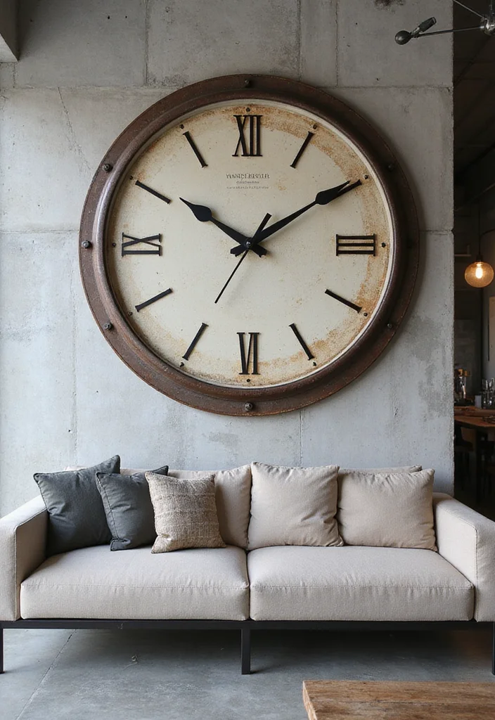 10 Large Wall Clock Decor Ideas for Bold Functional Style 2. Oversized Industrial Clock