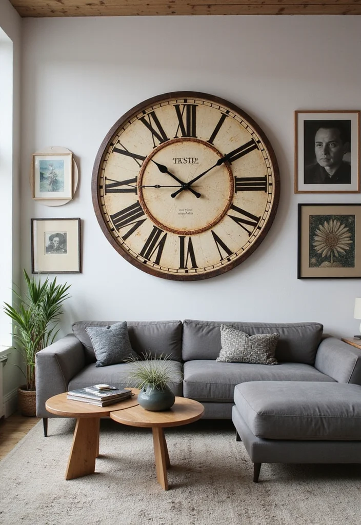 10 Large Wall Clock Decor Ideas for Bold Functional Style 3. Vintage Charm with a Modern Twist