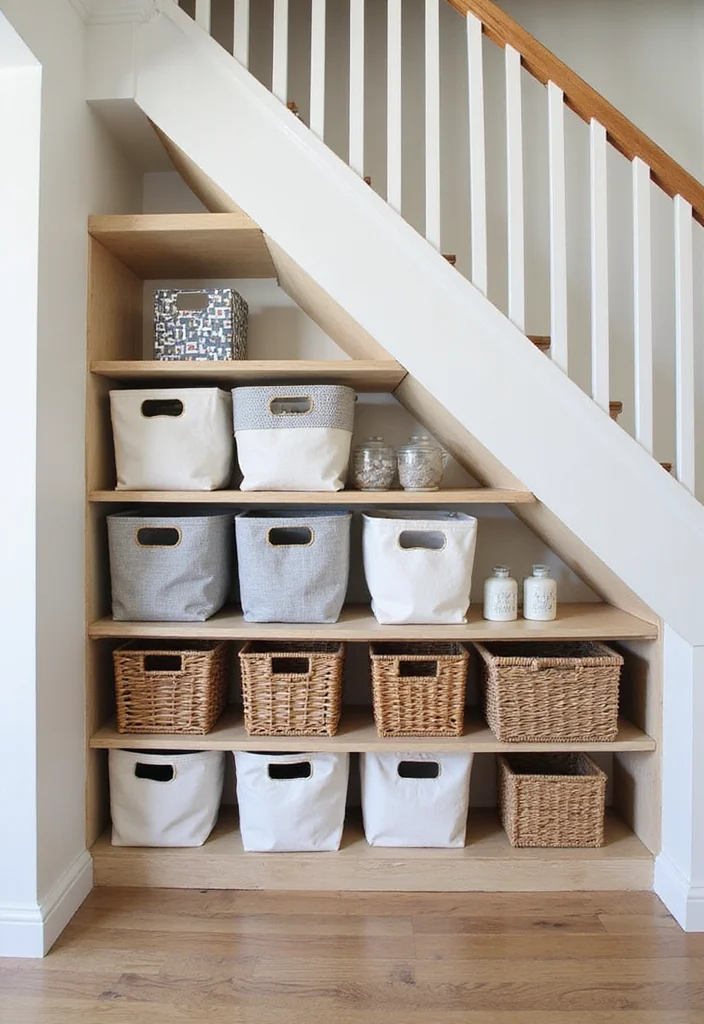 10 Under Basement Stairs Ideas for Smart Hidden Use - 2. Stylish Storage Bins