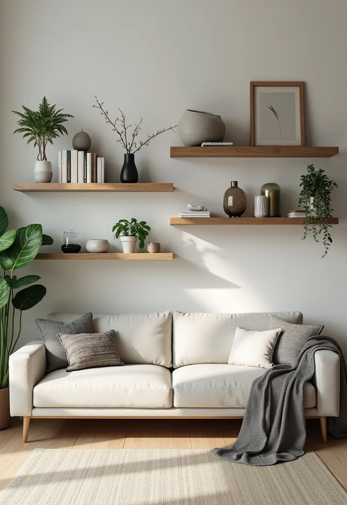 12 Behind Sofa Wall Decor Ideas for Balanced Living Room Layout - 2. Floating Shelves with Decor