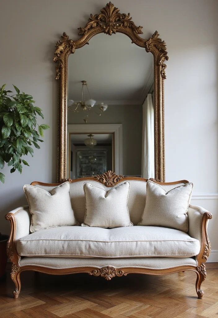 12 Behind Sofa Wall Decor Ideas for Balanced Living Room Layout - 3. Statement Mirror