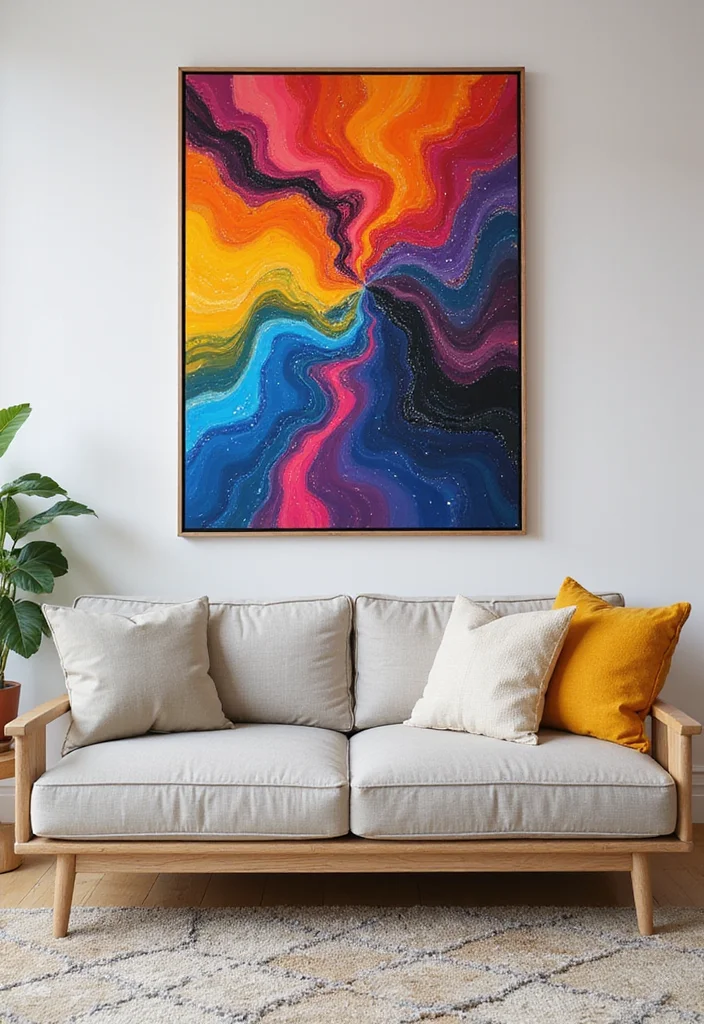 12 Behind Sofa Wall Decor Ideas for Balanced Living Room Layout - 5. Bold Colorful Art